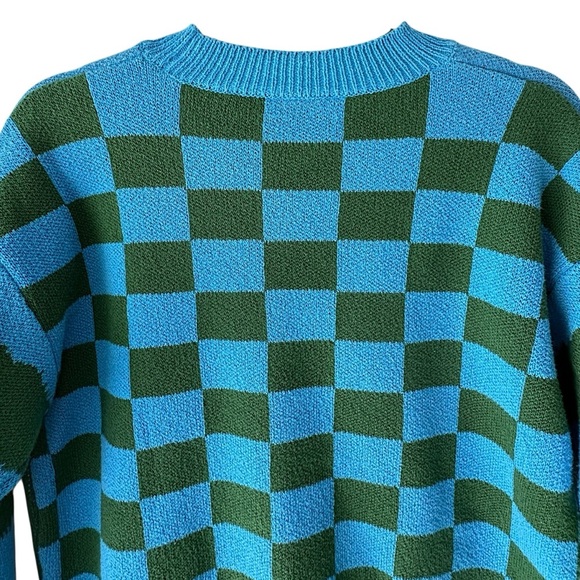ZARA MUSHROOM SWEATER LIKE NEW BLUE & GREEN CHECKERBOARD COTTON BLEND | SMALL - Picture 8 of 10